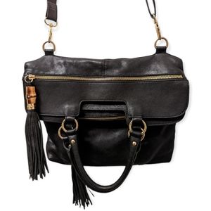 Sorial Leather Foldover Tote Crossbody Bag- Black